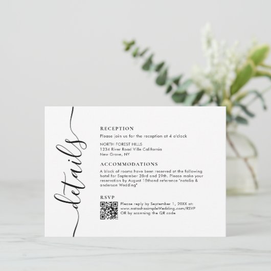 Moderne Chic Script bruiloft details Informatiekaartje (Staand voorkant)