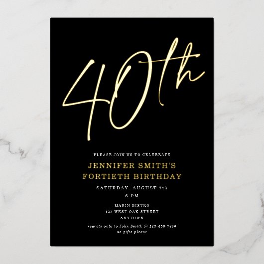 Moderne Chic Script Fortieth 40th Birthday Party Folie Uitnodiging (Voorkant)