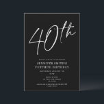 Moderne Chic Script Fortieth 40th Birthday Party Kaart<br><div class="desc">Deze moderne 40e verjaardagspartij nodigt uit kenmerkt een gekke zwarte achtergrond met wit manuscript en moderne typografie. Het manuscript zegt "40th". Alle kleuren (zelfs het jaarmanuscript) zijn volledig en gemakkelijk aanpasbaar. U kunt zelfs een foto aan de rug toevoegen! Gebruik gewoon "ontwerpgereedschap" in het vervolgkeuzemenu voor persoonlijke voorkeur.</div>