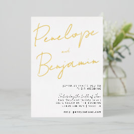 Moderne Chic Script Handgeschreven Goud Witte Trou Folie Uitnodiging