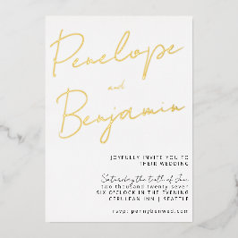 Moderne chic Script Handwriting Gold White Wedding Folie Uitnodiging
