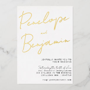 Moderne chic Script Handwriting Gold White Wedding Folie Uitnodiging