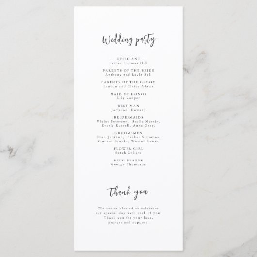 Moderne Chic Script Minimalist Wedding Program Programmakaart (Achterkant)