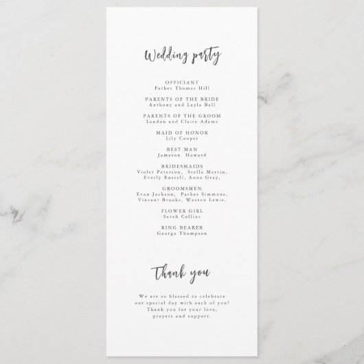 Moderne Chic Script Minimalist Wedding Program Programmakaart (Achterkant)
