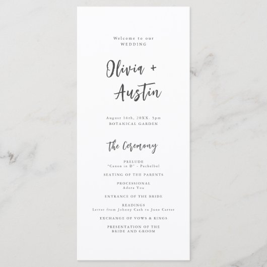 Moderne Chic Script Minimalist Wedding Program Programmakaart (Voorkant)