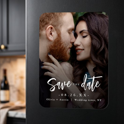 Moderne Chic Script Minimalistische Save The Date Magneet