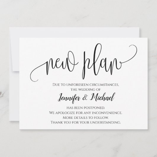 Moderne Chic Script Nieuwe Plan Uitgestelde Aankon Kaart (Voorkant)