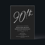 Moderne Chic Script Ninetieth 90th Birthday Party Kaart<br><div class="desc">Deze moderne 90e verjaardagsfeestje nodigt een gekke zwarte achtergrond met wit manuscript en moderne typografie uit. Het manuscript zegt "90th". Alle kleuren (zelfs het jaarmanuscript) zijn volledig en gemakkelijk aanpasbaar. U kunt zelfs een foto aan de rug toevoegen! Gebruik gewoon "ontwerpgereedschap" in het vervolgkeuzemenu voor persoonlijke voorkeur.</div>