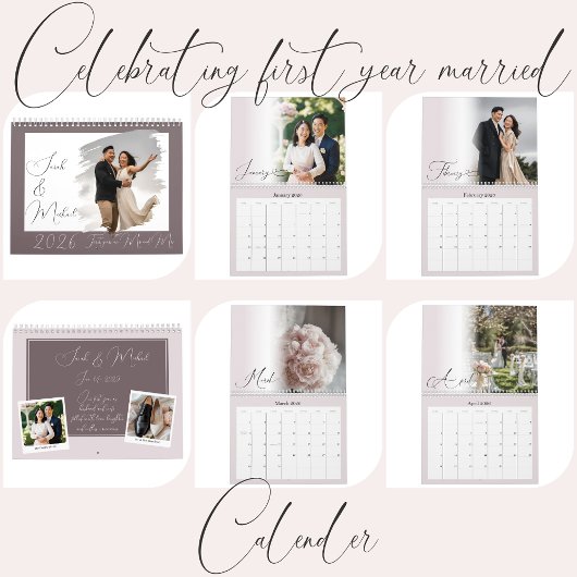 Moderne chic script pasgetrouwd roze foto kalender
