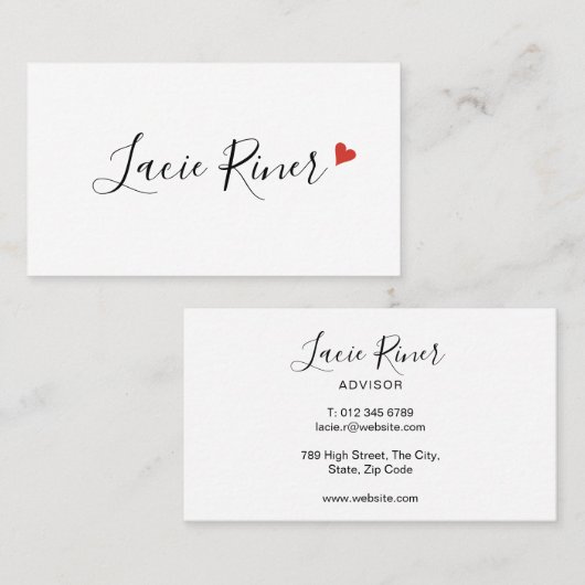 Moderne Chic Script Red Love Heart Visitekaartje (Voorkant / Achterkant)