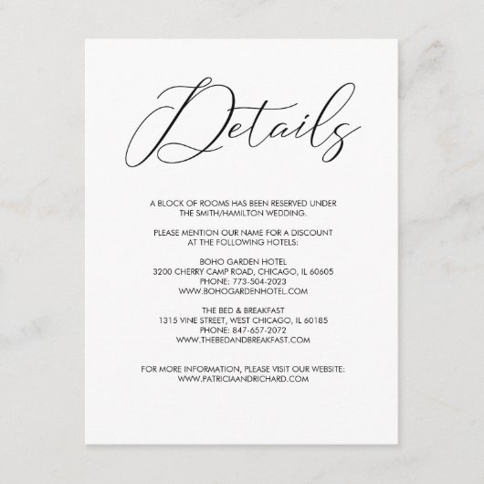 Moderne Chic Script Trouwdetails Informatie Informatiekaartje (Voorkant)