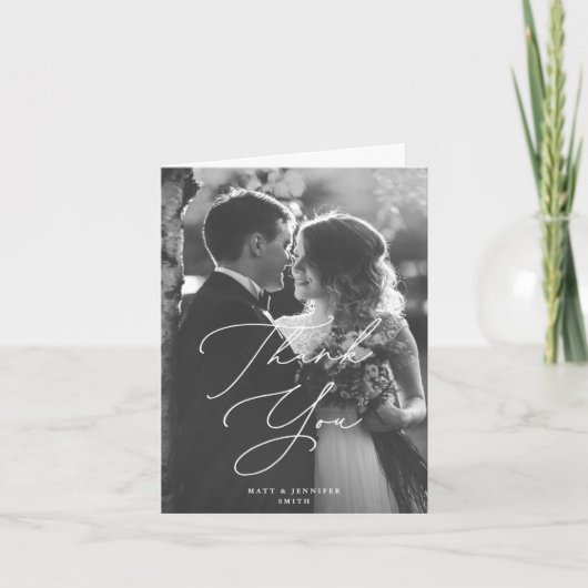 Moderne Chic Script Trouwfoto Dank u kaart (Voorkant)