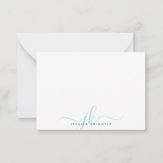 Moderne Chic Script Turquoise Monogram Initialen Notitiekaartje (Voorkant)