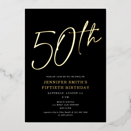 Moderne chic script vijftigste 50e verjaardagsfees folie uitnodiging (Voorkant)