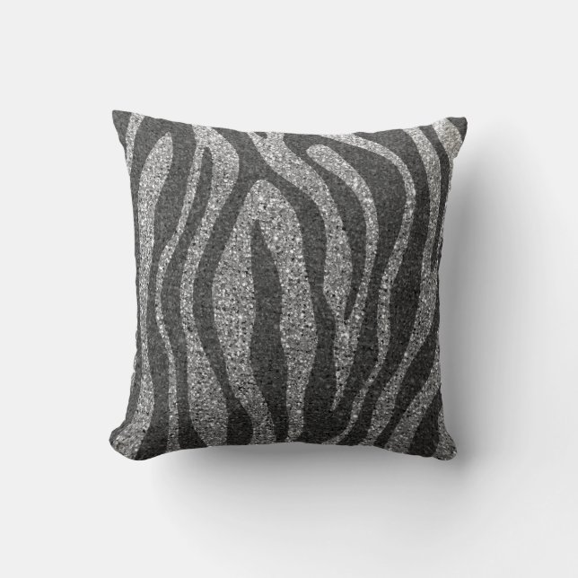 Moderne Chic Silver en Black Glitter Animal Print Kussen (Voorkant)