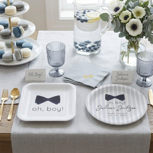 Moderne Chic Stofblauw O, Jongen Boog Baby Shower Papieren Bordje