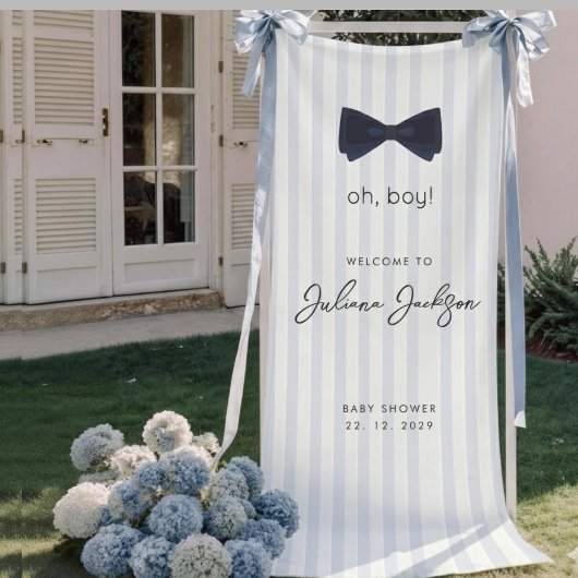 Moderne Chic Stofblauw Oh Boy Boog Welkom Spandoek