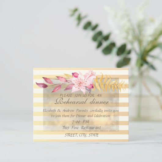 Moderne Chic Striped Flowers Rehearsal Dinner Kaart (Staand voorkant)