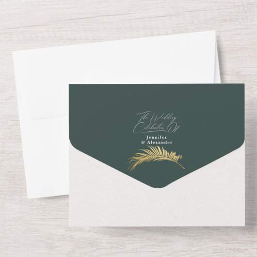 Moderne Chic Tropisch Goud Palm Donkergroen Huweli All In One Uitnodiging (Achterkant)