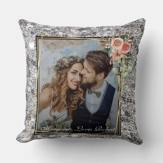 Moderne Chic Trouwliefde Koppel Zilveren Glitter Kussen (Voorkant)