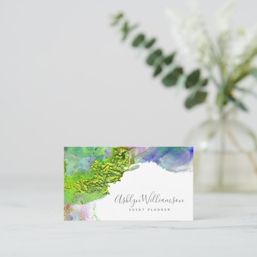 Moderne, chic waterverf green blue & aqua splatter visitekaartje (Staand voorkant)
