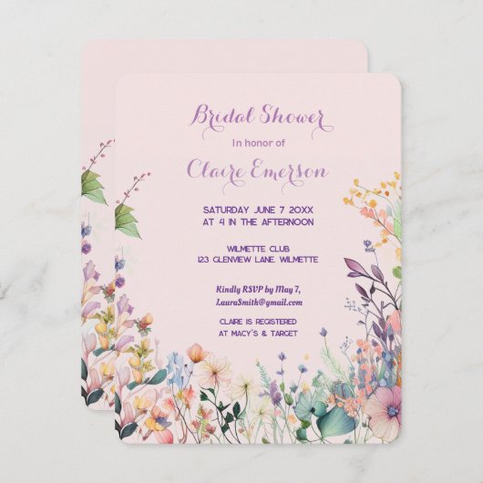 Moderne chic wilde bloemen bruidsshower uitnodigin kaart (Voorkant / Achterkant)