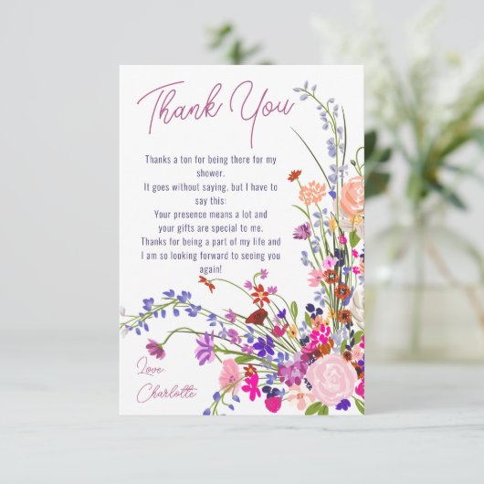 Moderne chic wilde bloemen script bruidsmeisjesfee bedankkaart (Staand voorkant)