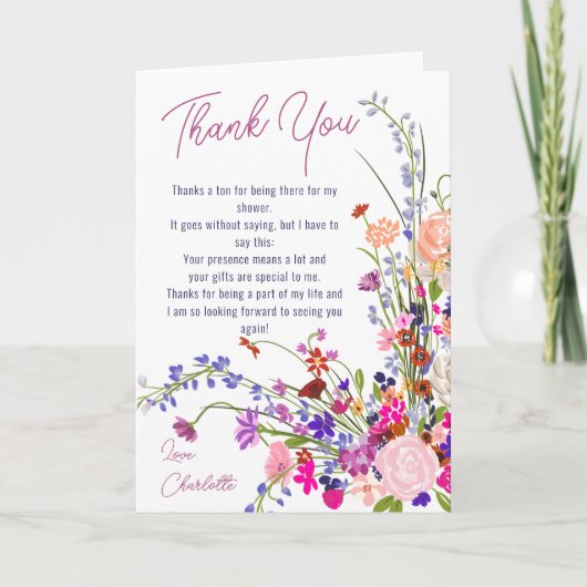 Moderne chic wilde bloemen script bruidsmeisjesfee bedankkaart (Voorkant)