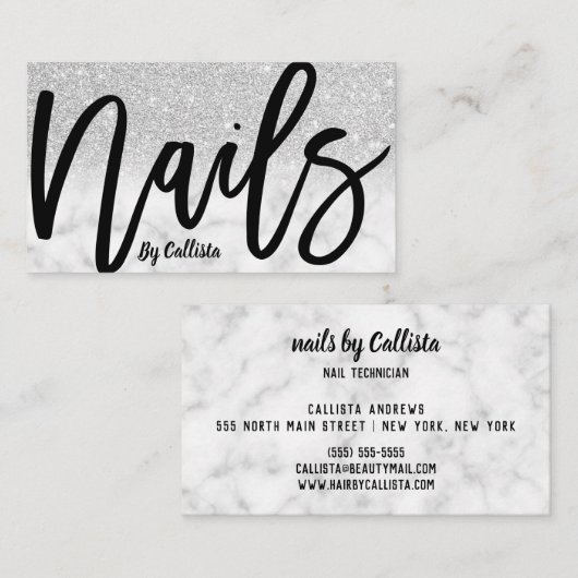Moderne Chic Zilveren Glitter Marmeren Nail Techni Visitekaartje (Voorkant / Achterkant)