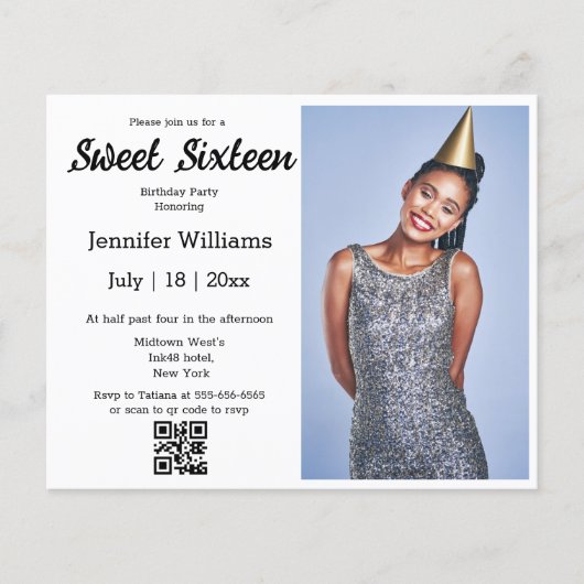 moderne chic zoete zestien qr code foto-uitnodigin (Voorkant)