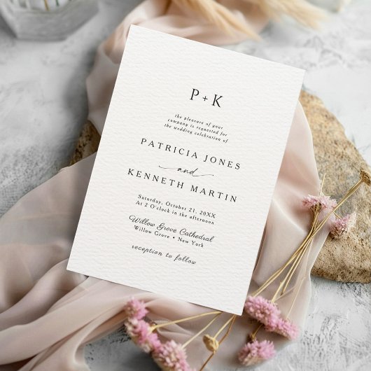 Moderne Chic Zwart & Wit Textuur Monogram Huwelijk Kaart