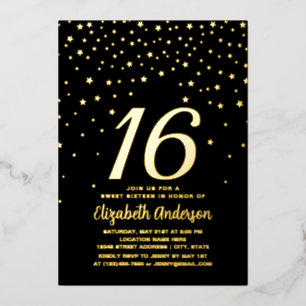 Moderne Chic Zwarte en Gouden Sterren Sweet 16 Ver Folie Uitnodiging