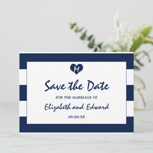 Moderne Chileense marine en witte bruiloft redden Save The Date (Staand voorkant)