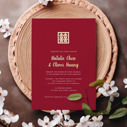 Moderne Chinese dubbele geluk Wedding REAL Folie Folie Uitnodiging