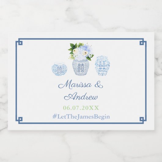 Moderne Chinoiserie Blauw Wit en Groen Bruiloft Likeurfles Etiket (Enkel label)