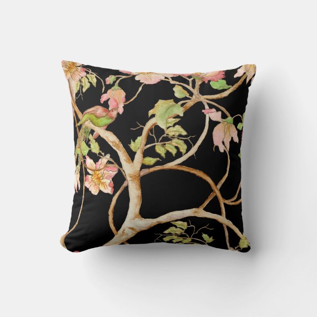 Moderne Chinoiserie Floral Blush Black Bird Tree Kussen (Voorkant)