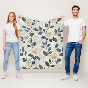 Moderne Chinoiserie Ivoor Roze Navy Botanisch Fleece Deken