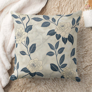 Moderne Chinoiserie Ivoor Roze Navy Botanisch Kussen
