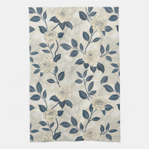 Moderne Chinoiserie Ivoor Roze Navy Botanisch Theedoek