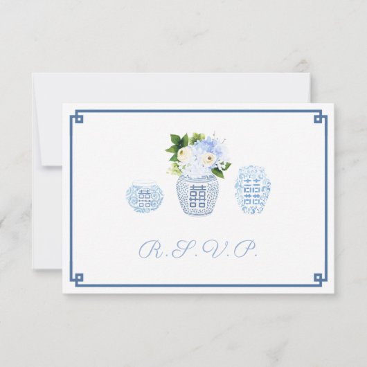 Moderne Chinoiserie Marine & Chartreuse Voedselopt RSVP Kaartje (Voorkant)