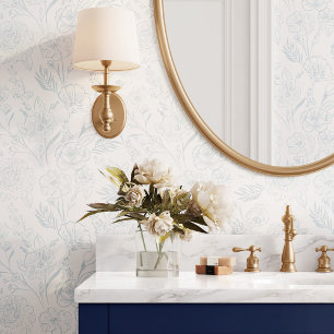 Moderne chique blauwe lijn kunst bloemblaadpatroon behang