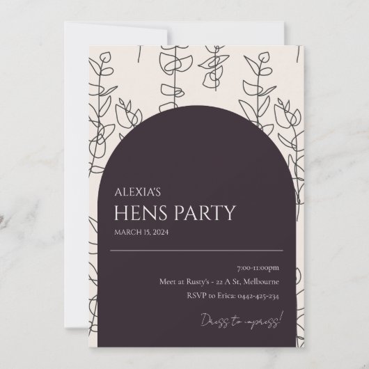 Moderne chique bloemenboog hennen feestuitnodiging kaart (Voorkant)