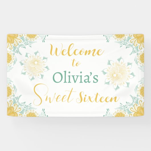 Moderne chique Boho bloemig zoet 16 verjaardagsfee Spandoek (Horizontaal)