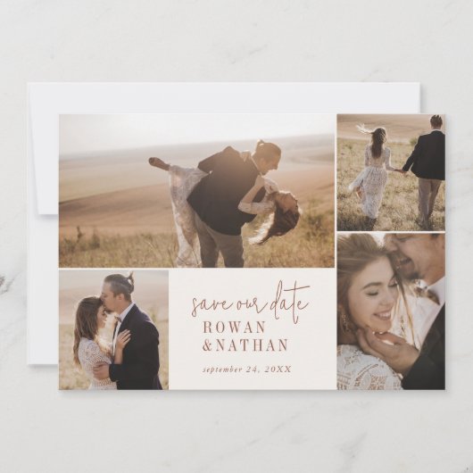 Moderne chique Boho crème fotocollage Save The Date (Voorkant)
