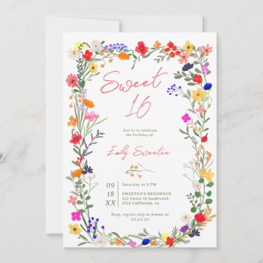 Moderne chique boho heldere wilde bloemen Sweet 16 Kaart (Voorkant)