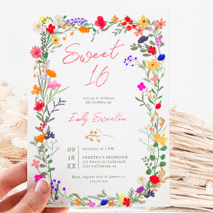 Moderne chique boho heldere wilde bloemen Sweet 16 Kaart