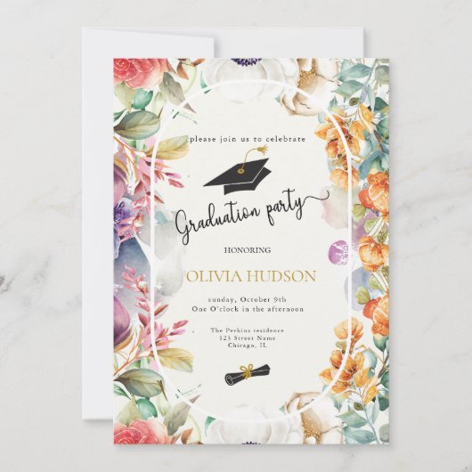 Moderne chique boho wilde bloemen foto afstuderen kaart (Voorkant)