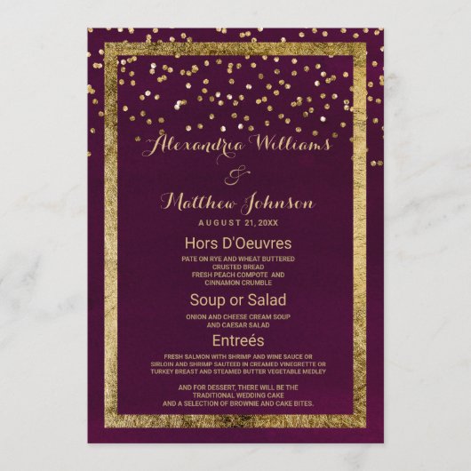 Moderne chique bordeaux gouden confetti Bruiloft M Menu (Voorkant)
