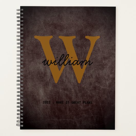 Moderne chique bordeauxrode leren script taupe mon planner (Voorkant)