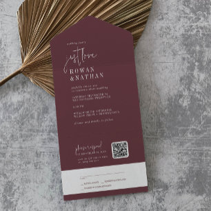 Moderne chique Bourgogne Gewoon Liefde QR Code Bru All In One Uitnodiging